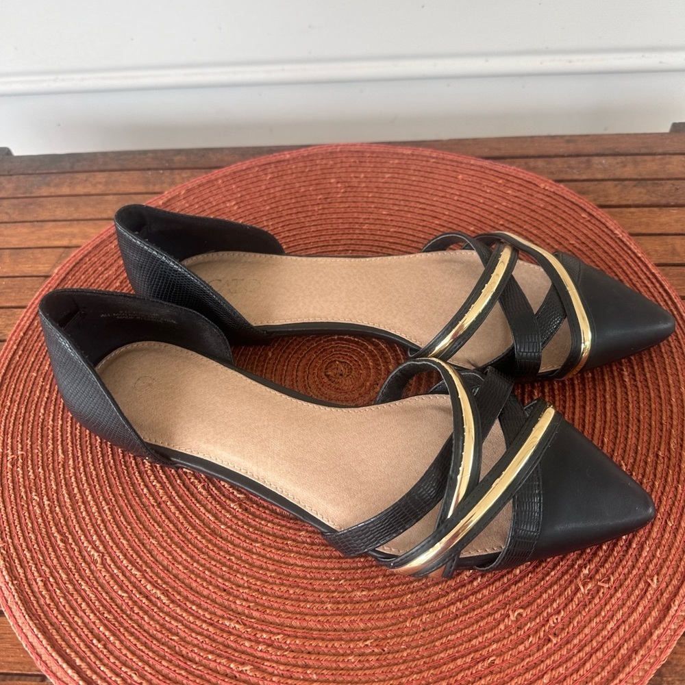 Women’s Black Pointed Toe D’Orsay Flats with Gold Accent